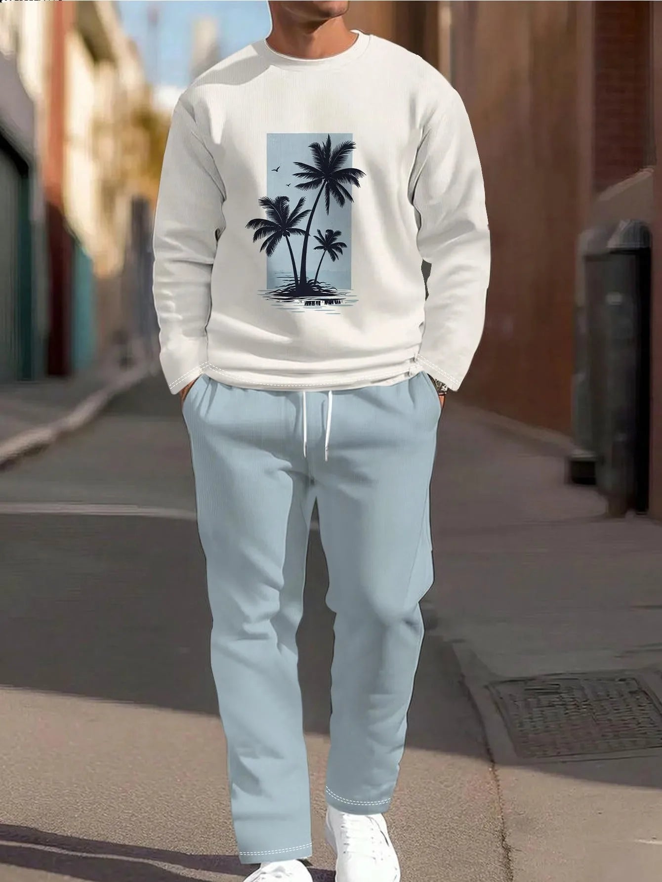 Autumn New Style Street Casual Fashion Comfortable Soft 3D Coconut Tree Pattern Printed Men's Long-Sleeved Long Pants Set