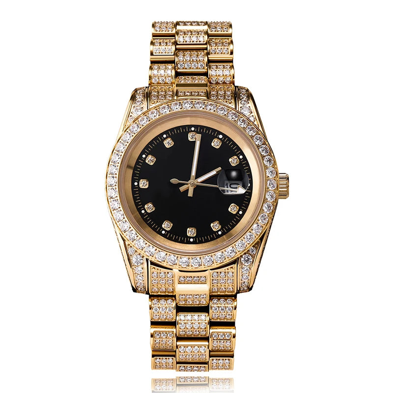 Rolex Style  Date Quartz Watch Waterproof Watches Iced  Out Stone Paved Bling Iced Out Stainless Steel Watch for Men Charm Jewelry