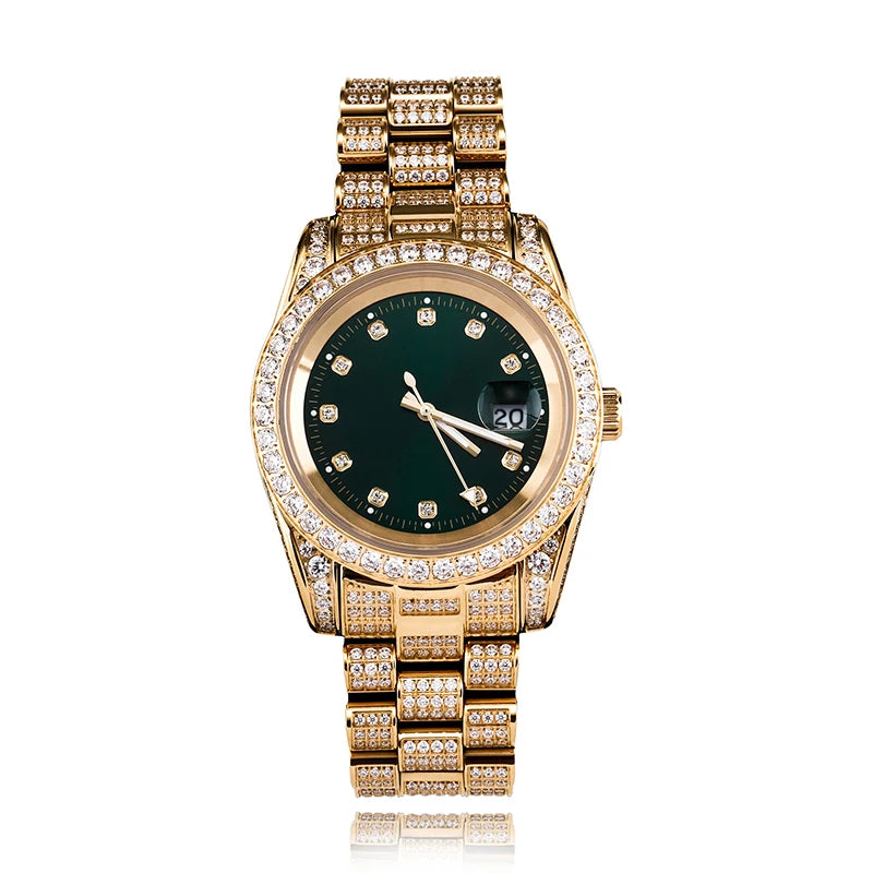 Rolex Style  Date Quartz Watch Waterproof Watches Iced  Out Stone Paved Bling Iced Out Stainless Steel Watch for Men Charm Jewelry
