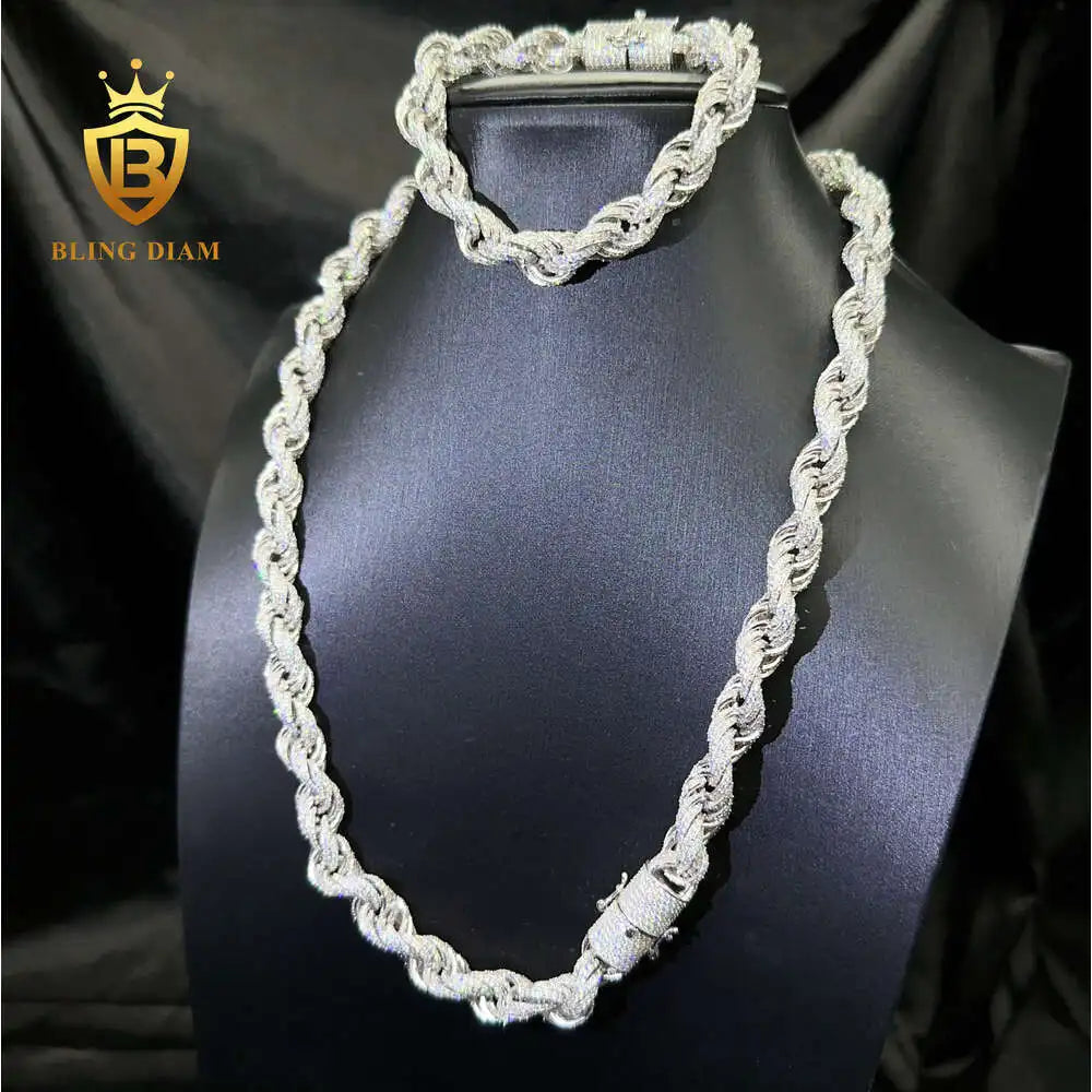 .925 Strerling Silver Iced Out 10mm Rope Chain