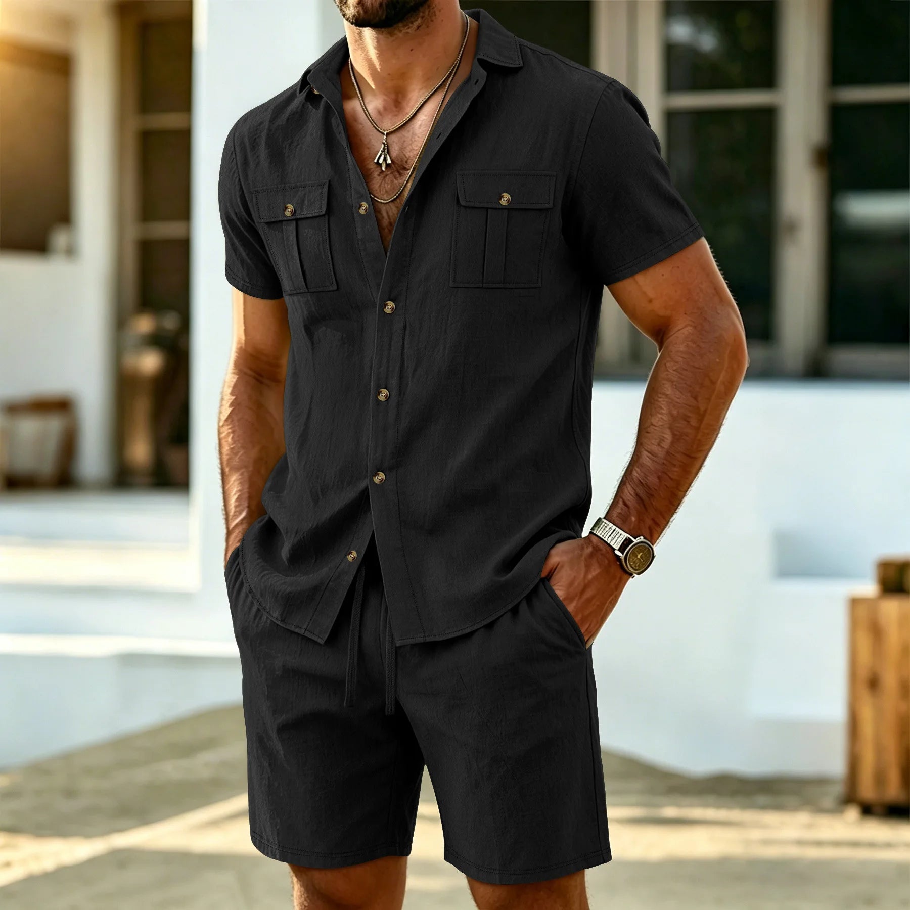 Men's linen outdoor casual 2-piece set - Business casual short-sleeved shirt + shorts beach sports breathable street