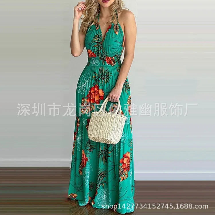 Floral Maxi Dress Long Backless Summer Elegant Gown for Women Vacation Beach Wedding Guest Outfit Flowy Evening Party Skirt