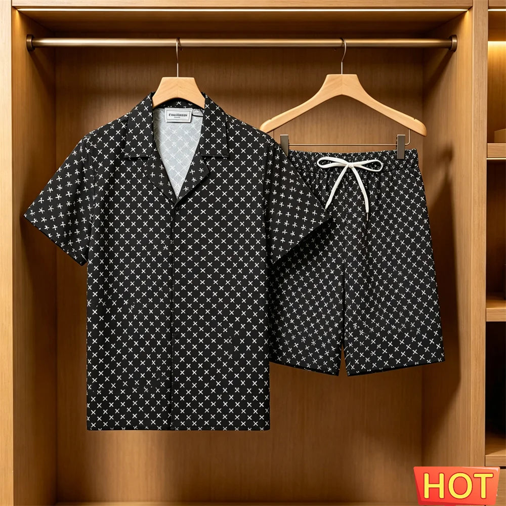Men's Summer Suit Daily Casual Short Sleeve Tee Tops +Shorts 2 Piece Outfit Fashion Loose Shirts Sets Street Hip Hop Men Clothes
