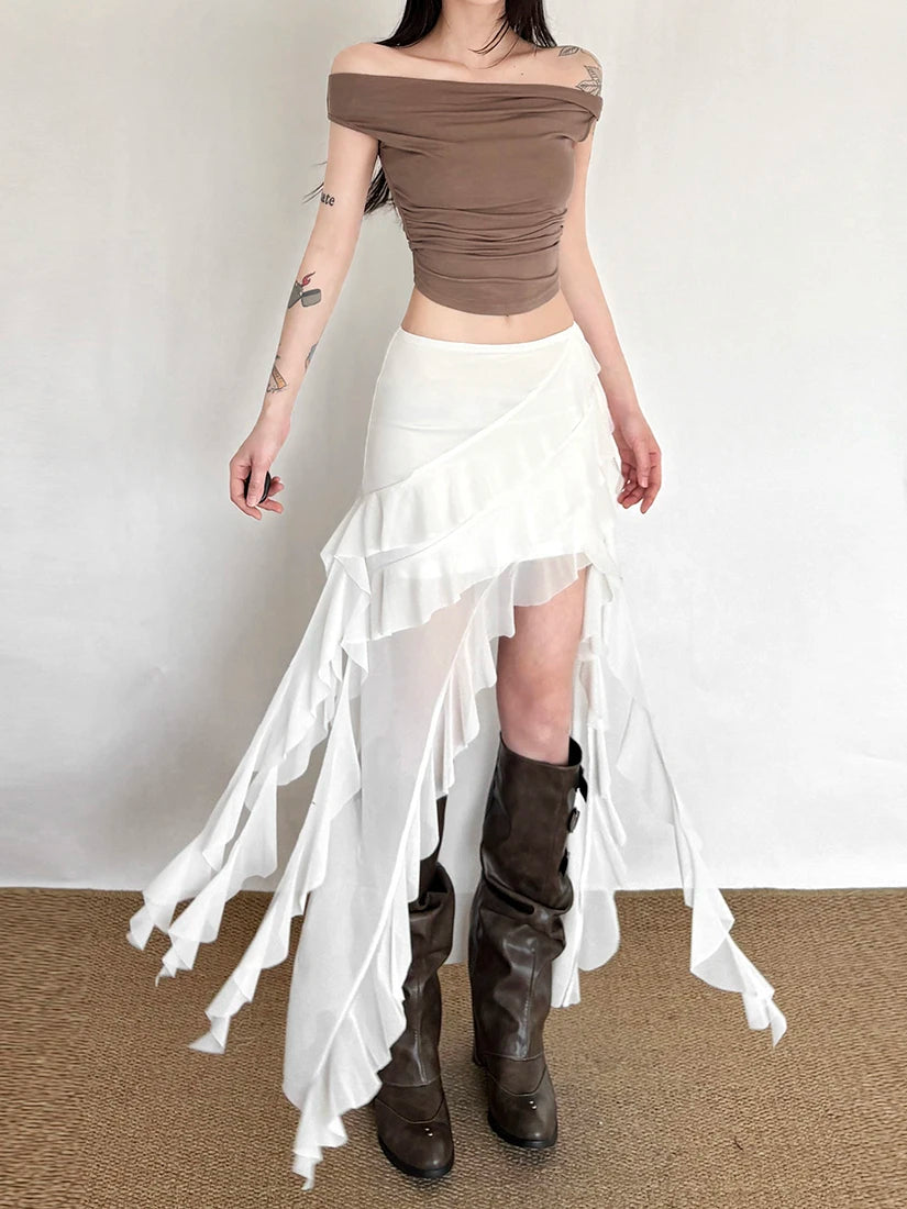 Sisjuly Millennium Spicy Girl Net Splicing Design Irregular Half Skirt Women's Fashion Urban Commute Breathable Polyester