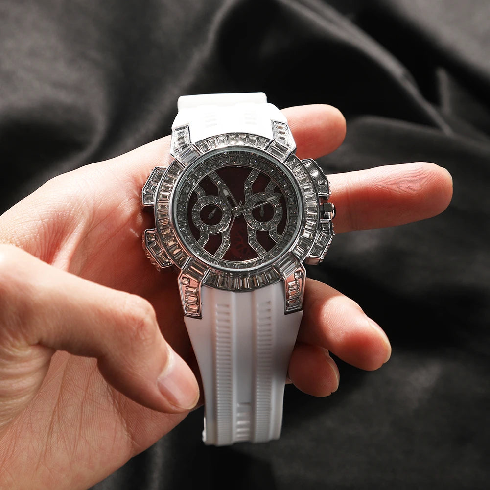 Iced Out Round Quartz Watch For Men Stainless Steel Sports Waterproof Type Fashion Red Dial Plate Anniversary Gift