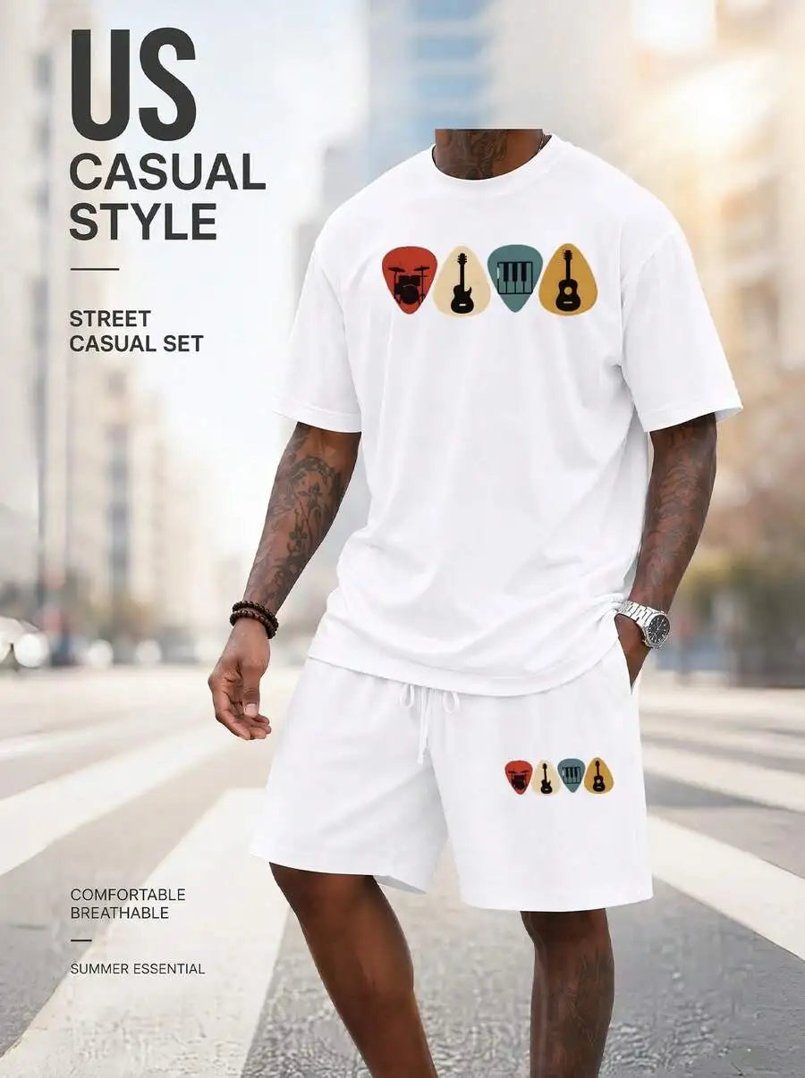Men S 2 Piece Oversized T-Shirt Shorts Set Musical Instrument Pi Graphic Streetwear Casual Outfit