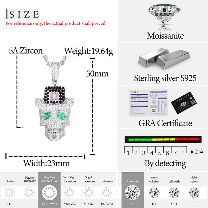 High Quality Skull Pendant Silver 925 Moissanite Iced Out Pendant