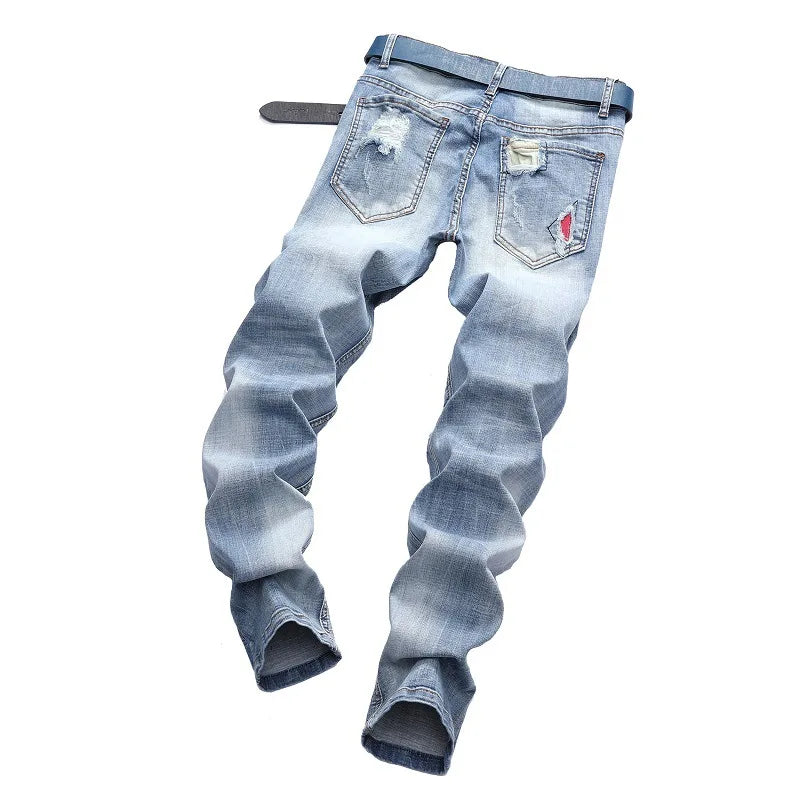 Men's Personalized Ripped Jeans Light Blue Streetwear Stretch Straight Slim Fit Casual Motorcycle Denim Trousers Male