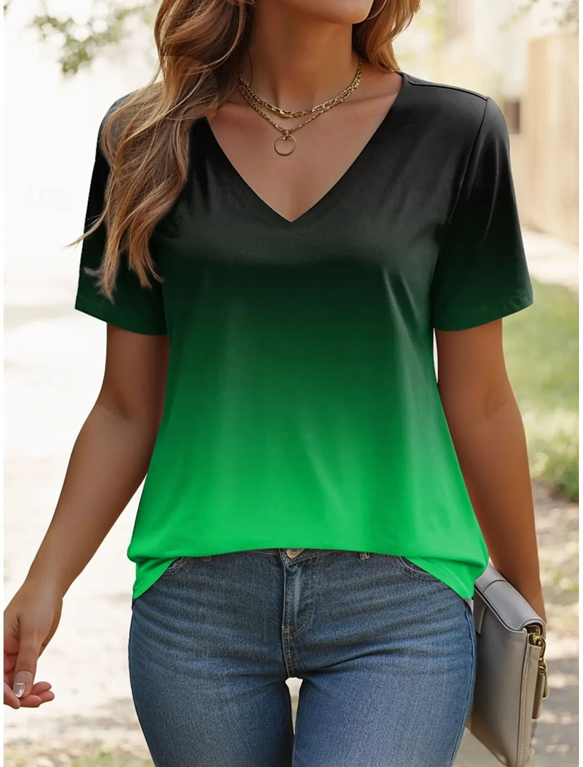 Women's T Shirt Ombre Graphic Stylish Casual Short Sleeve V Neck Regular Tops Daily Print Summer Gradient Women Fashion Tees