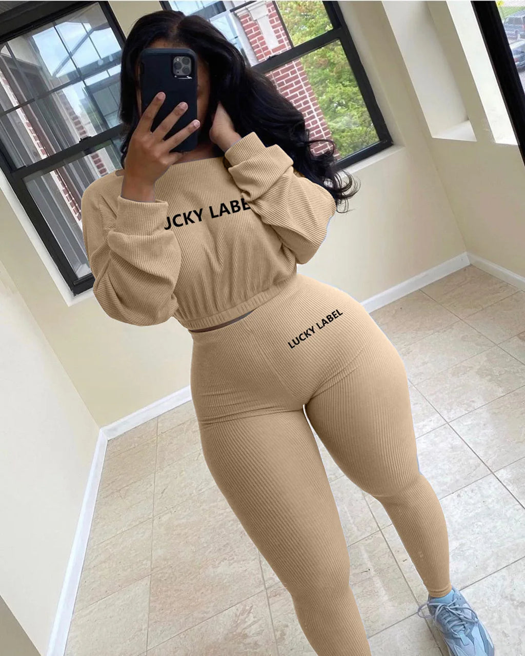 Two Piece Ribbed Tracksuits Fall Spring Long Sleeve Sweatshirt and Skinny Pants Set