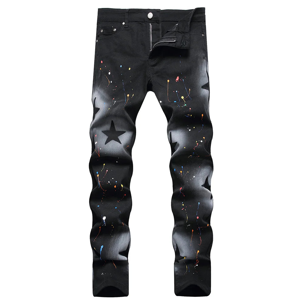 Men Star Painted Denim Jeans Casual Graffiti Print Slim Straight Pants Black Stretch Cotton Spandex Trousers