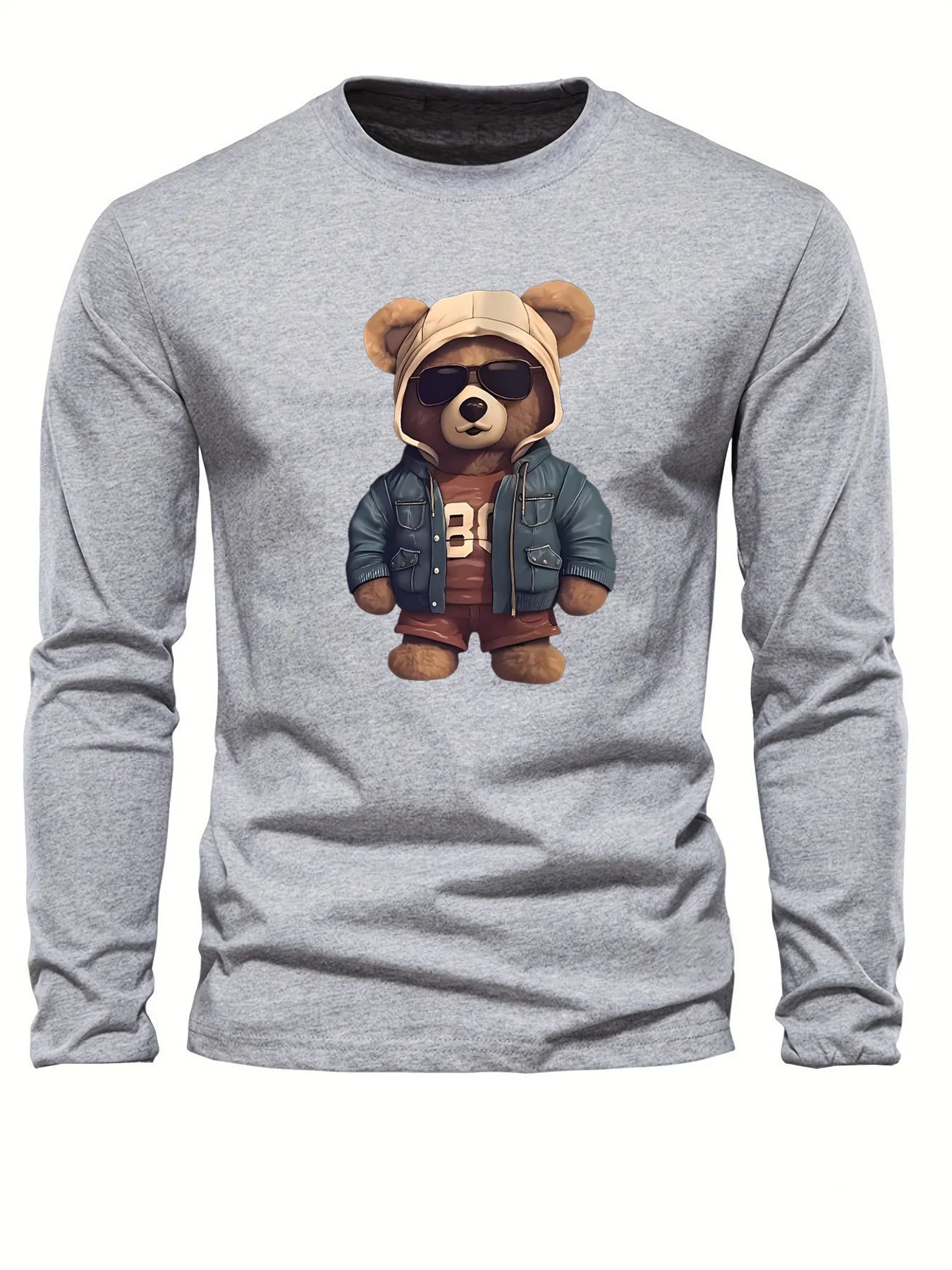 Men's casual long sleeved round neck loose bear pattern printed autumn and winter T-shirt top versatile