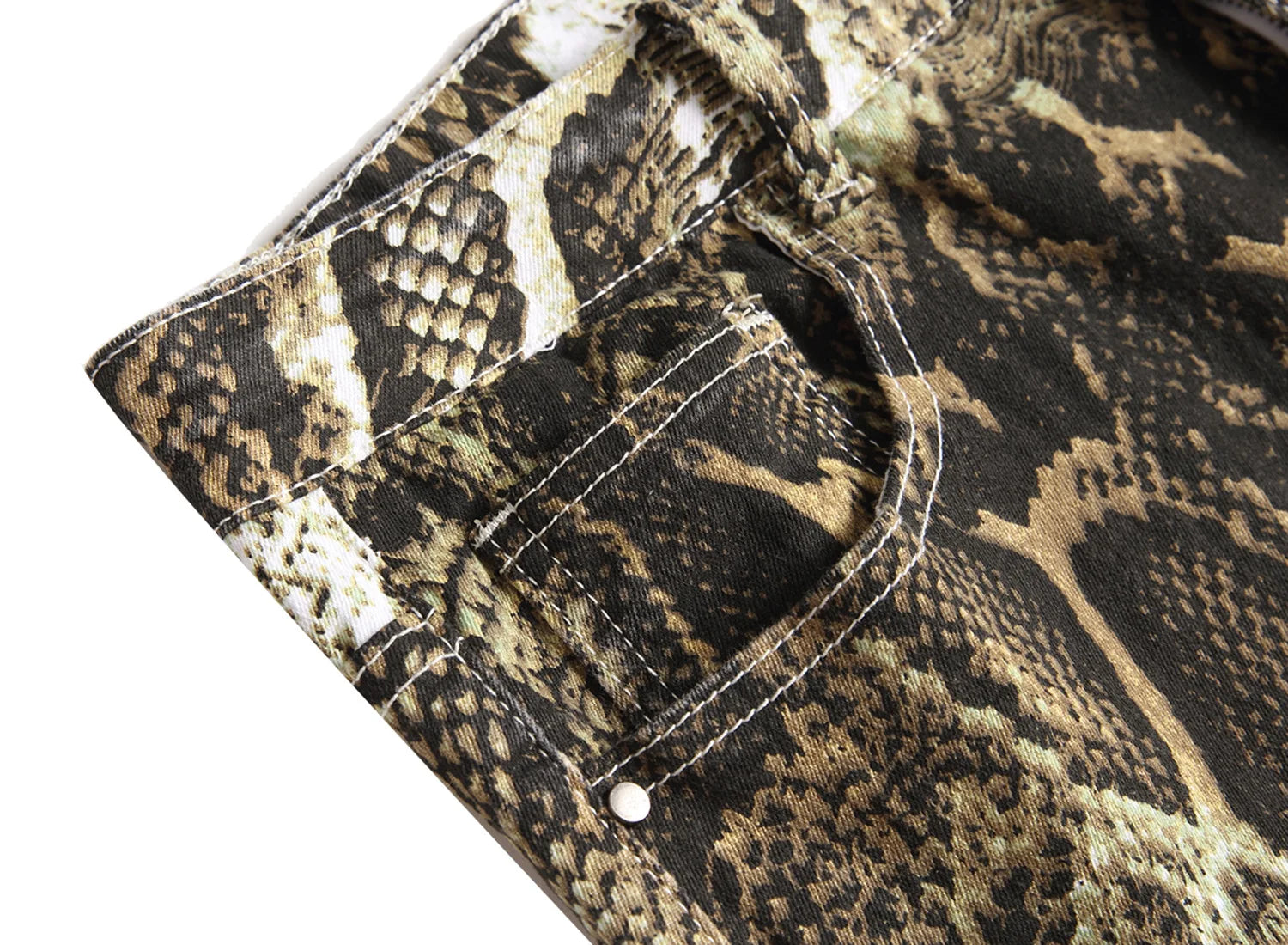 Men Printed Snakeskin Pencil Pants Slim Fit Colored Stretch Mid Waist Washed Denim Ankle Length Trousers