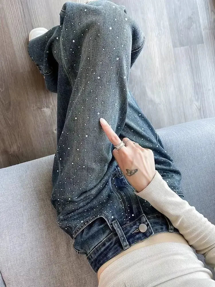 Autumn Women's Clothing Rhinestone Pendant Design High Waist Wash Jeans Women's Loose Slimming Straight-Leg Pants