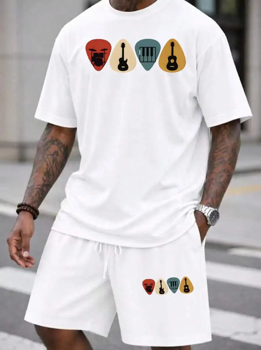 Men S 2 Piece Oversized T-Shirt Shorts Set Musical Instrument Pi Graphic Streetwear Casual Outfit
