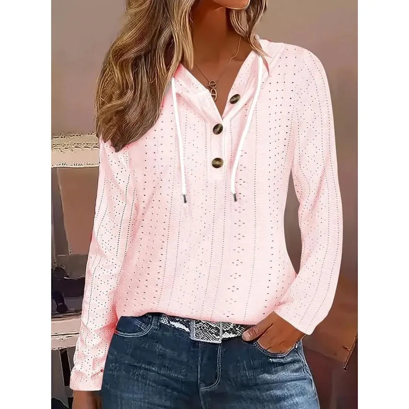 Plus Size Casual Solid Color Women's Hoodie Item Solid Color V-neck Hooded Button Loose Long Sleeved Hoodie Top For Women ﻿