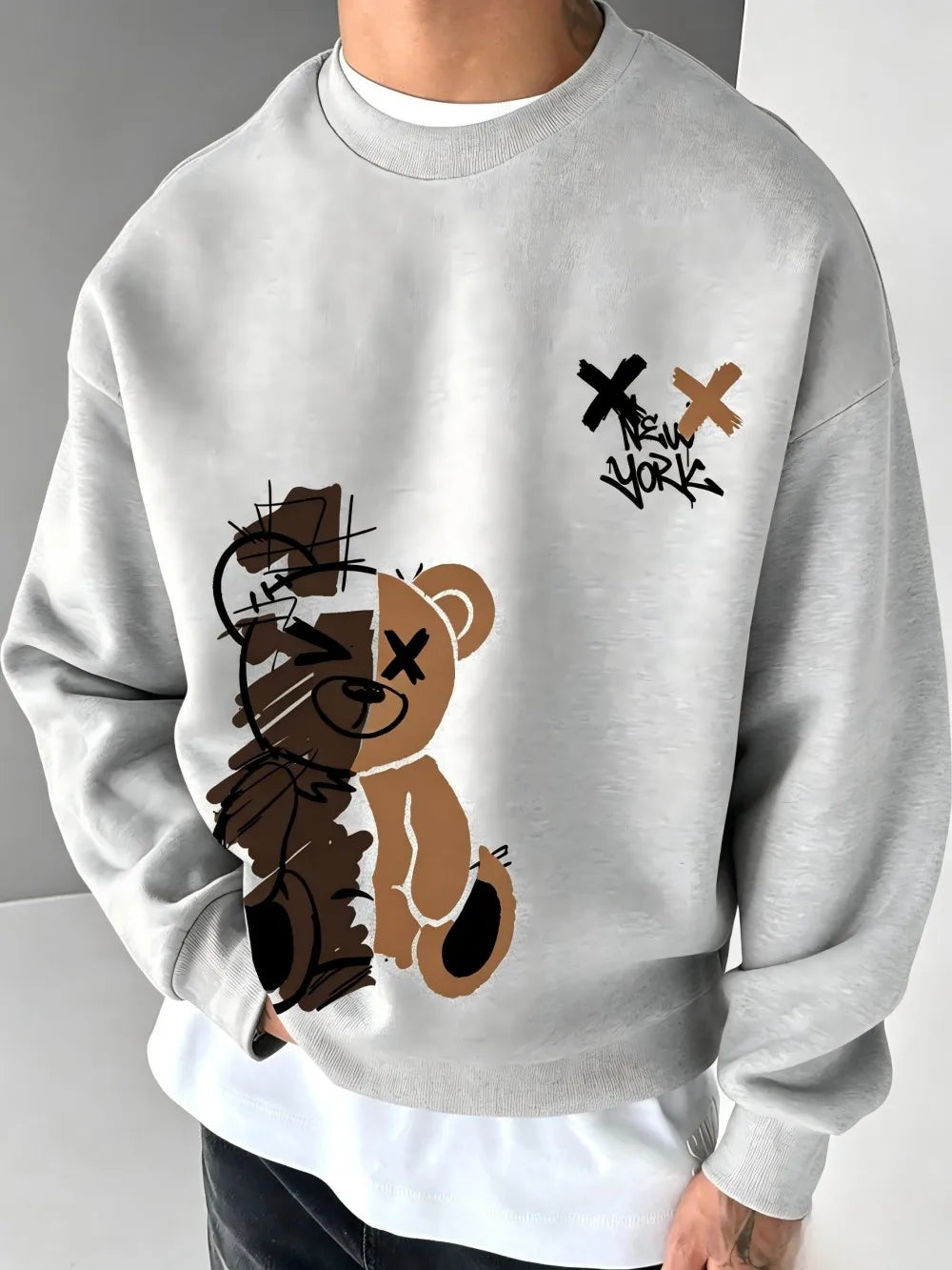American men's autumn spliced teddy bear letter print soft and comfortable round neck long sleeved T-shirt outdoor casual top