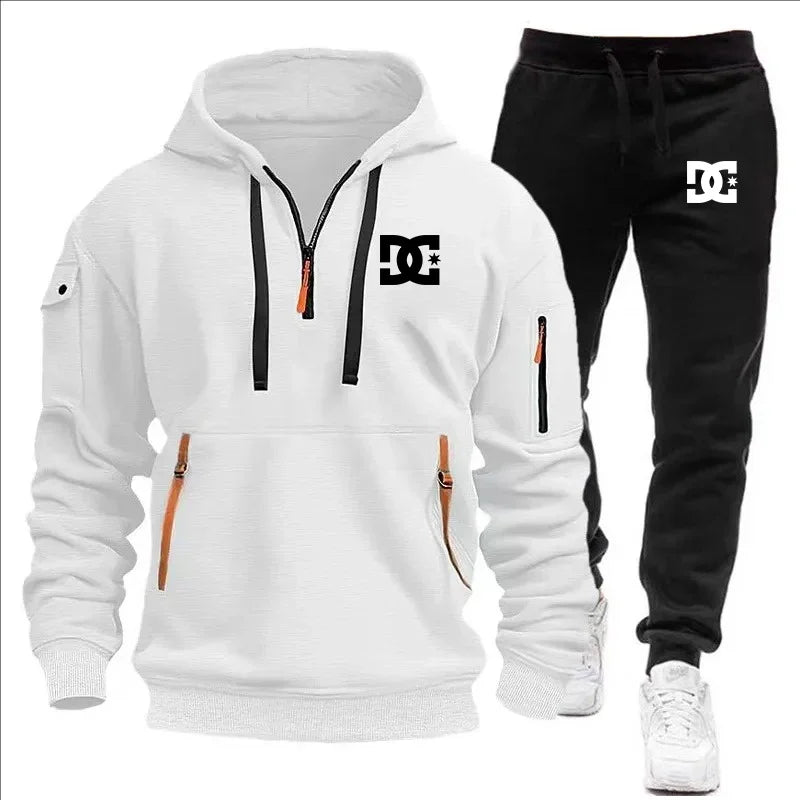2Pcs Fleece Lined Outfit Autumn Winter Half Zip Hooded Sweatshirt High Waist Jogger Pants With Zipper Pockets Set