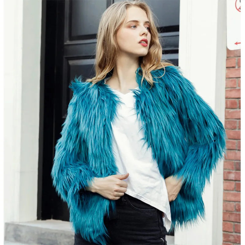 Large Size Faux Fur Coat Fashionable Urban Style Short Length Sleeve Nine Points Men And Women Universal round Neck No Hat