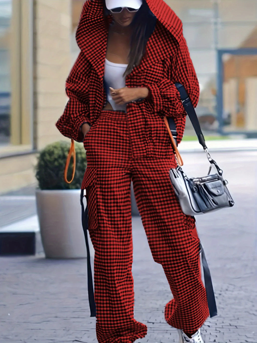 Spring Autumn Casual Plaid Print Women's Set Fashion Pocket Loose Hoodie Long-sleeved Jacket + Trousers 2-piece Suit Street