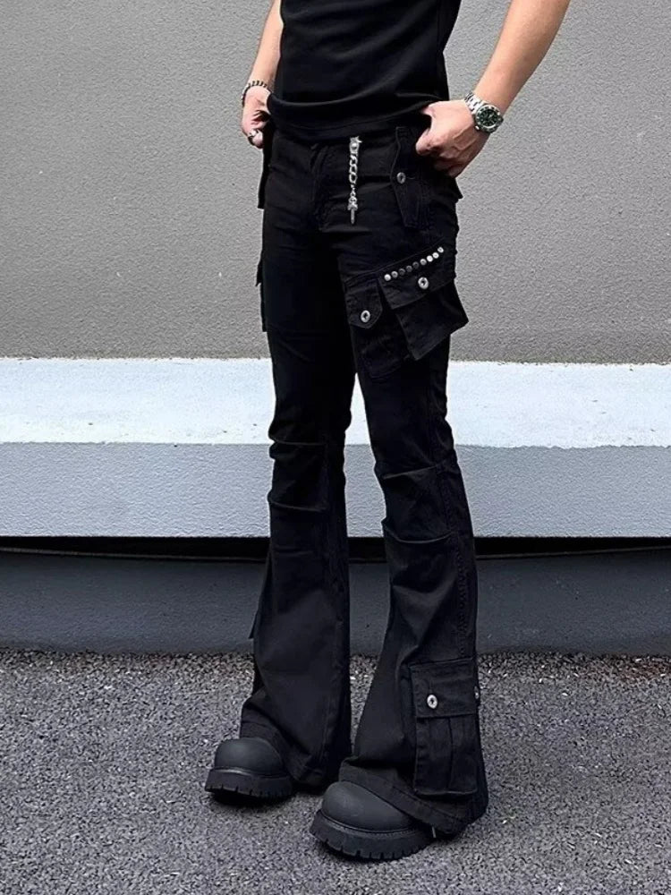 Multi Pockets Black Slim Flared Jeans