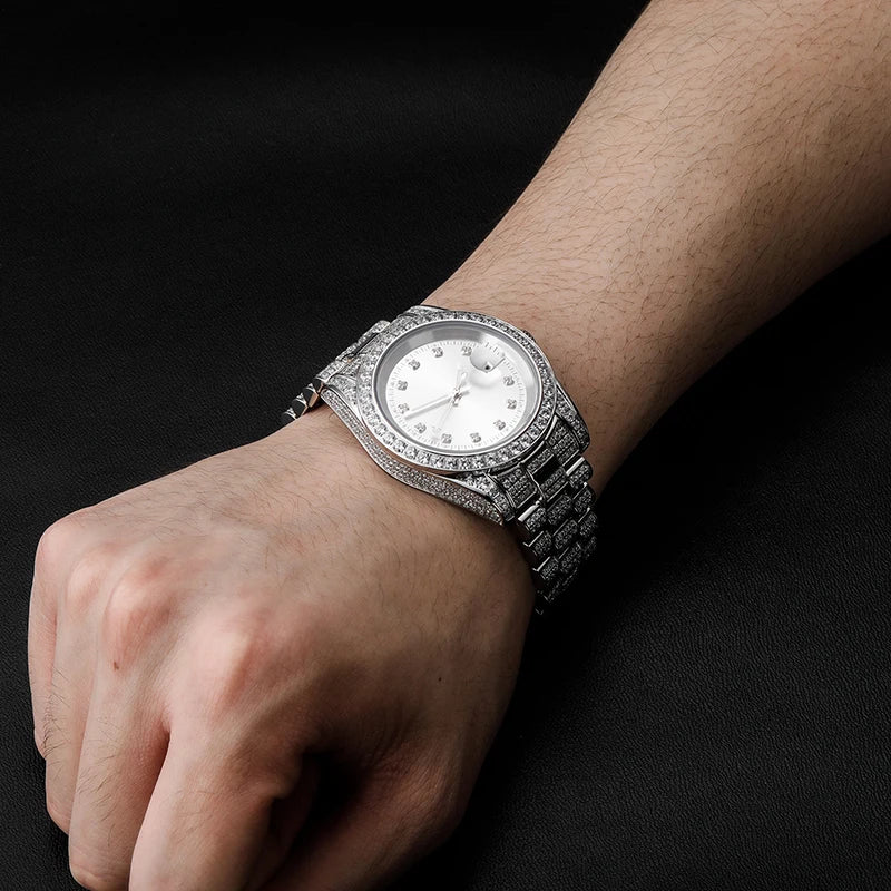 Rolex Style  Date Quartz Watch Waterproof Watches Iced  Out Stone Paved Bling Iced Out Stainless Steel Watch for Men Charm Jewelry