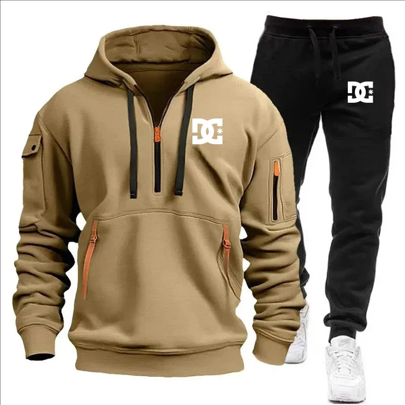 2Pcs Fleece Lined Outfit Autumn Winter Half Zip Hooded Sweatshirt High Waist Jogger Pants With Zipper Pockets Set