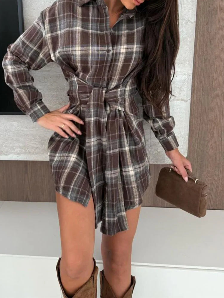 Women's long lace up spring and autumn new style checkered shirt with lapel button and long sleeved urban commuting style shirt