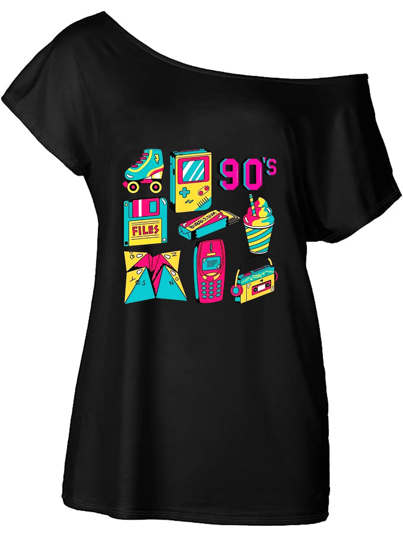 Fashion Women's Off-Shoulder T-Shirt 90's Retro Graphics Printed Short Sleeve Top Tees for Casual Wear