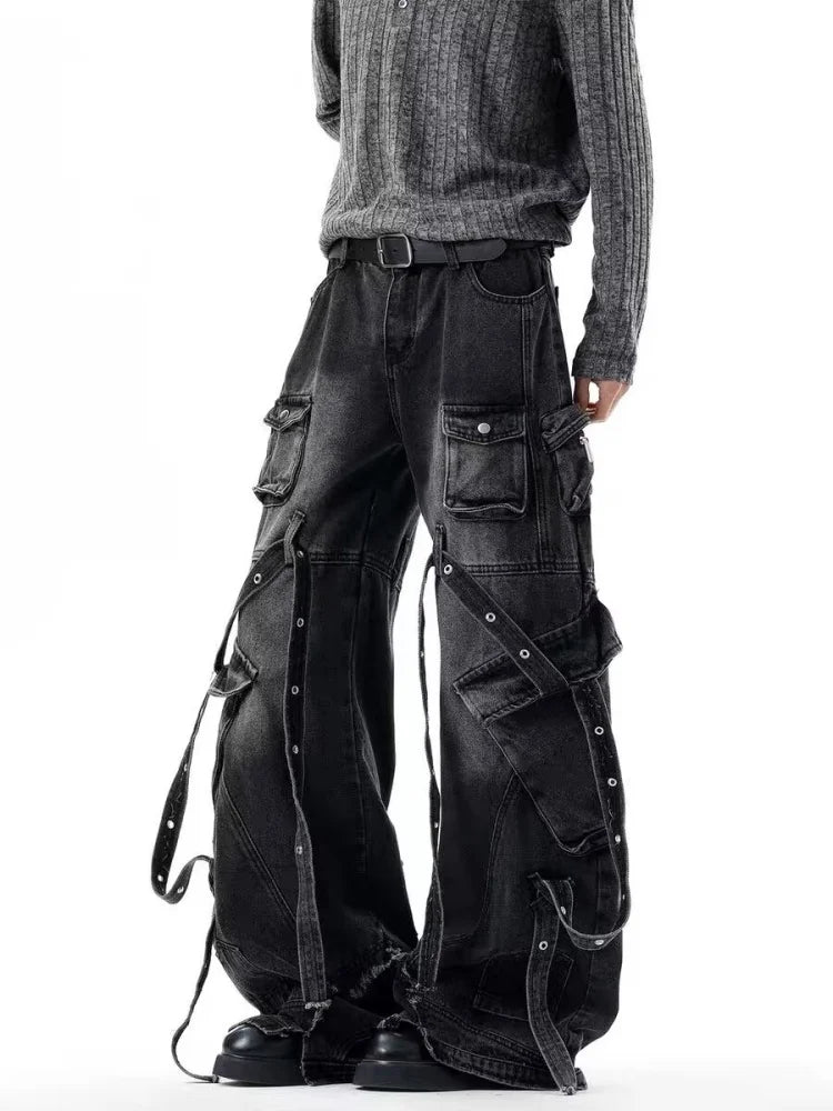 Punk Y2K Style Multi Pockets Washed Black Baggy Cargo Jeans Pants For Men Clothing Wide Leg New Rock Luxury Long Trousers