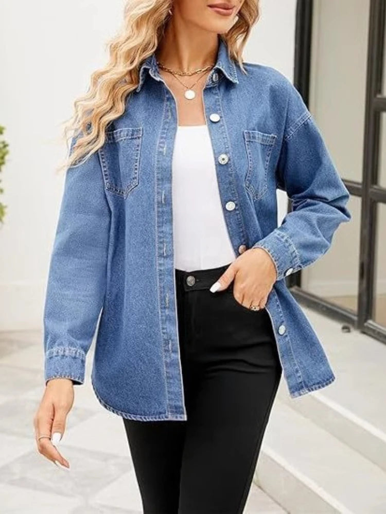 New Washed Loose Long-sleeved Denim Shirts for European American Women, Spring and Autumn Fashionable Four-button Shirt Jackets