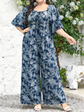 Plus Size Women's Multi-Color Paisley Print Square Neck Tie Waist Wide Leg Jumpsuit