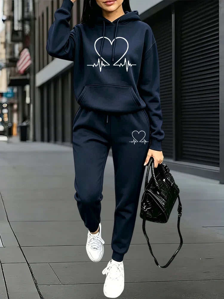 2026 New Arrival Women's Tracksuit Hoodie and Sweatpants Heart Printed Hooded Outfit Fall Winter Daily Casual Sports Jogger Suit