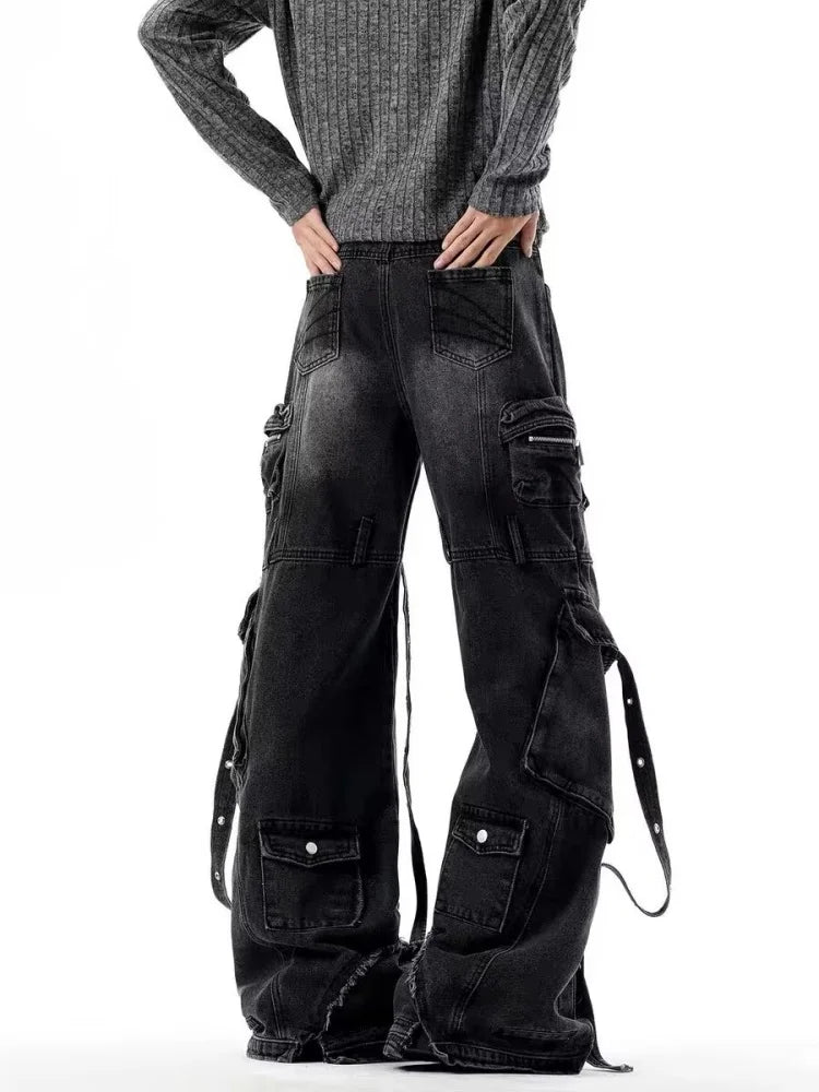 Punk Y2K Style Multi Pockets Washed Black Baggy Cargo Jeans Pants For Men Clothing Wide Leg New Rock Luxury Long Trousers