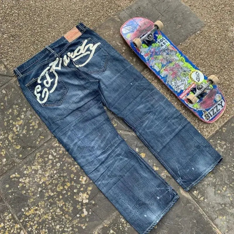 Straight Leg Denim Pants Skull Rose Flame
