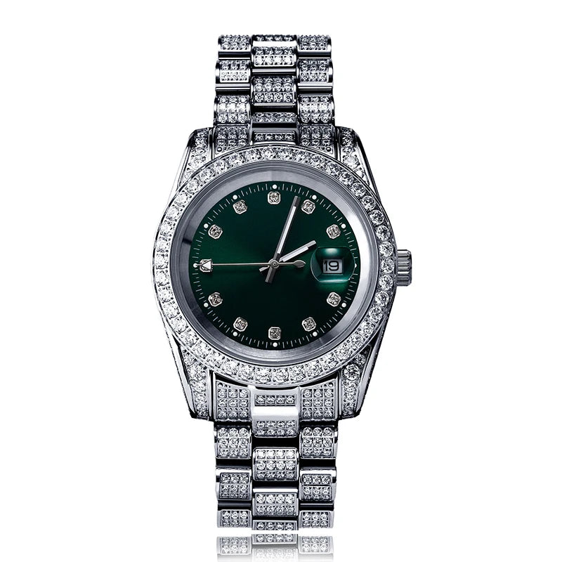 Rolex Style  Date Quartz Watch Waterproof Watches Iced  Out Stone Paved Bling Iced Out Stainless Steel Watch for Men Charm Jewelry