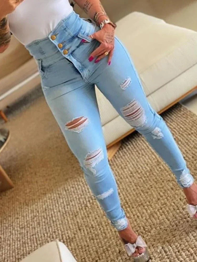 Women Jeans Distressed Denim Pencil Pants