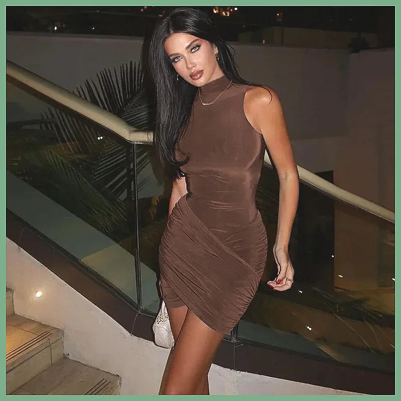 New Women's Bodycon Dress Summer Sexy Pleated Mini Dress High Neck Ruffles Party Chic (Characters: 78)