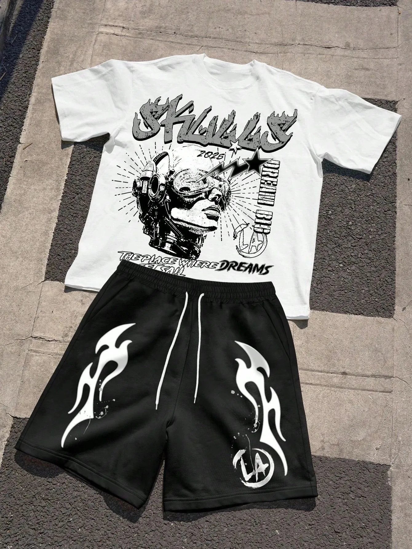 Men's Short-Sleeved Shorts Set with 3D Letter Pattern Printing - Street Casual Fashion Comfortable and Soft