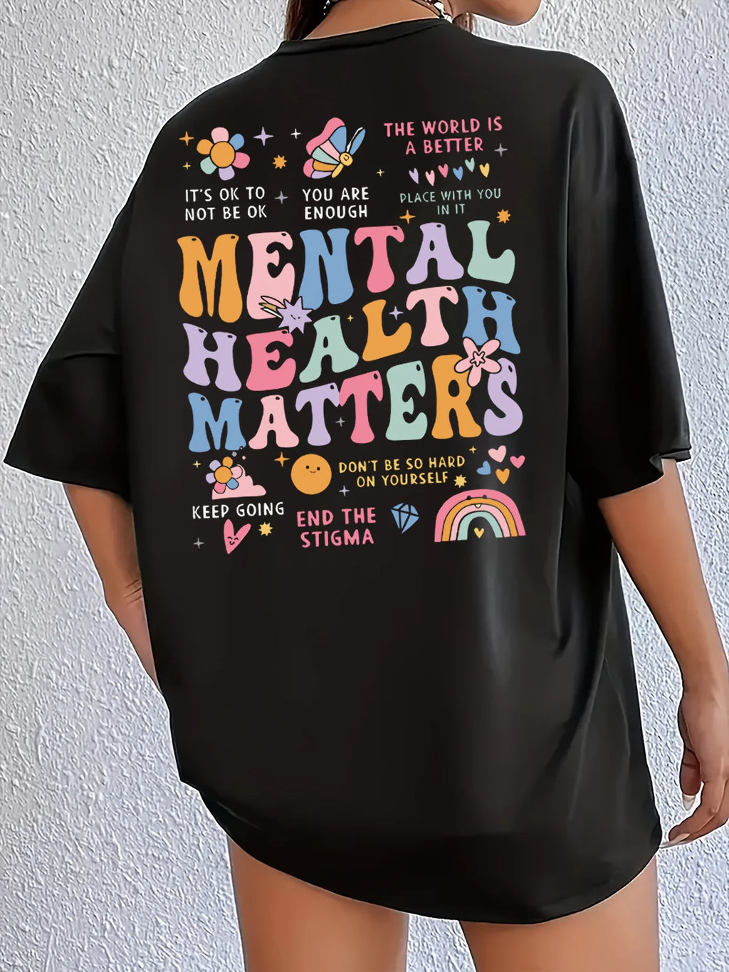 Mental Health Matters Women's Tee - Positive Graphic, Casual Black Oversized Top