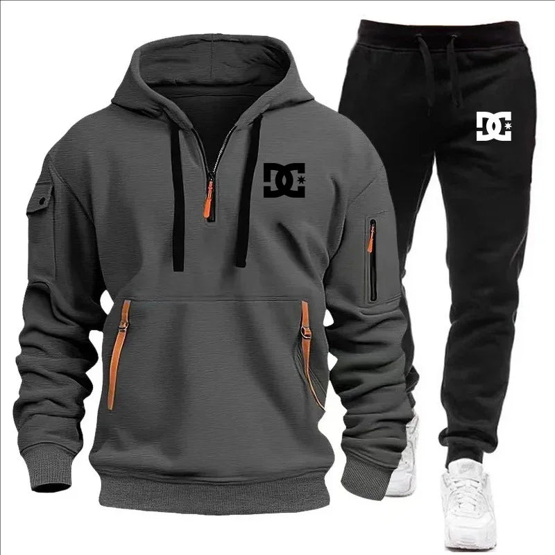 2Pcs Fleece Lined Outfit Autumn Winter Half Zip Hooded Sweatshirt High Waist Jogger Pants With Zipper Pockets Set