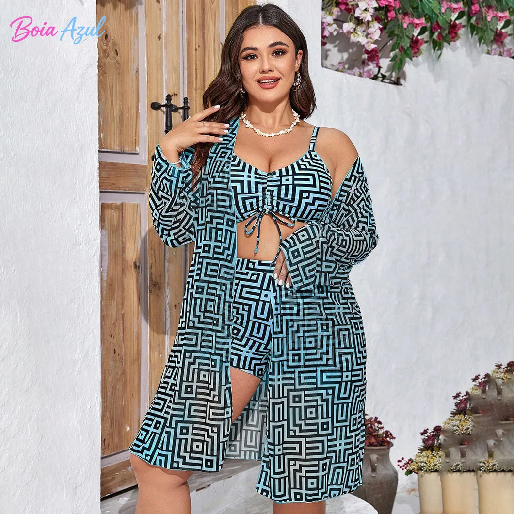 Plus Size three Piece Swimsuit Set Geometric Print Drawstring Cami Top Long Sleeve Cover Up Beach Bathing Suit