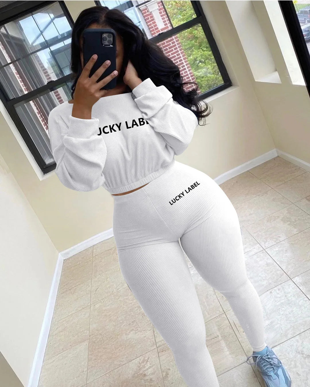 Two Piece Ribbed Tracksuits Fall Spring Long Sleeve Sweatshirt and Skinny Pants Set