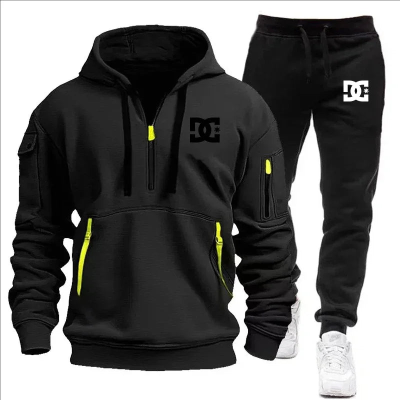 2Pcs Fleece Lined Outfit Autumn Winter Half Zip Hooded Sweatshirt High Waist Jogger Pants With Zipper Pockets Set