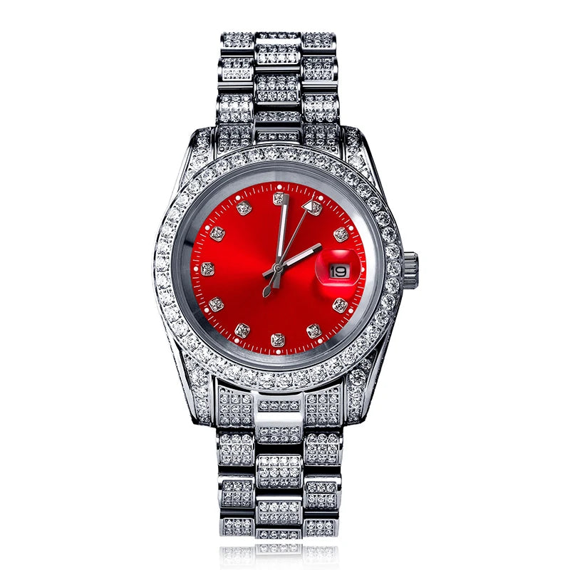 Rolex Style  Date Quartz Watch Waterproof Watches Iced  Out Stone Paved Bling Iced Out Stainless Steel Watch for Men Charm Jewelry