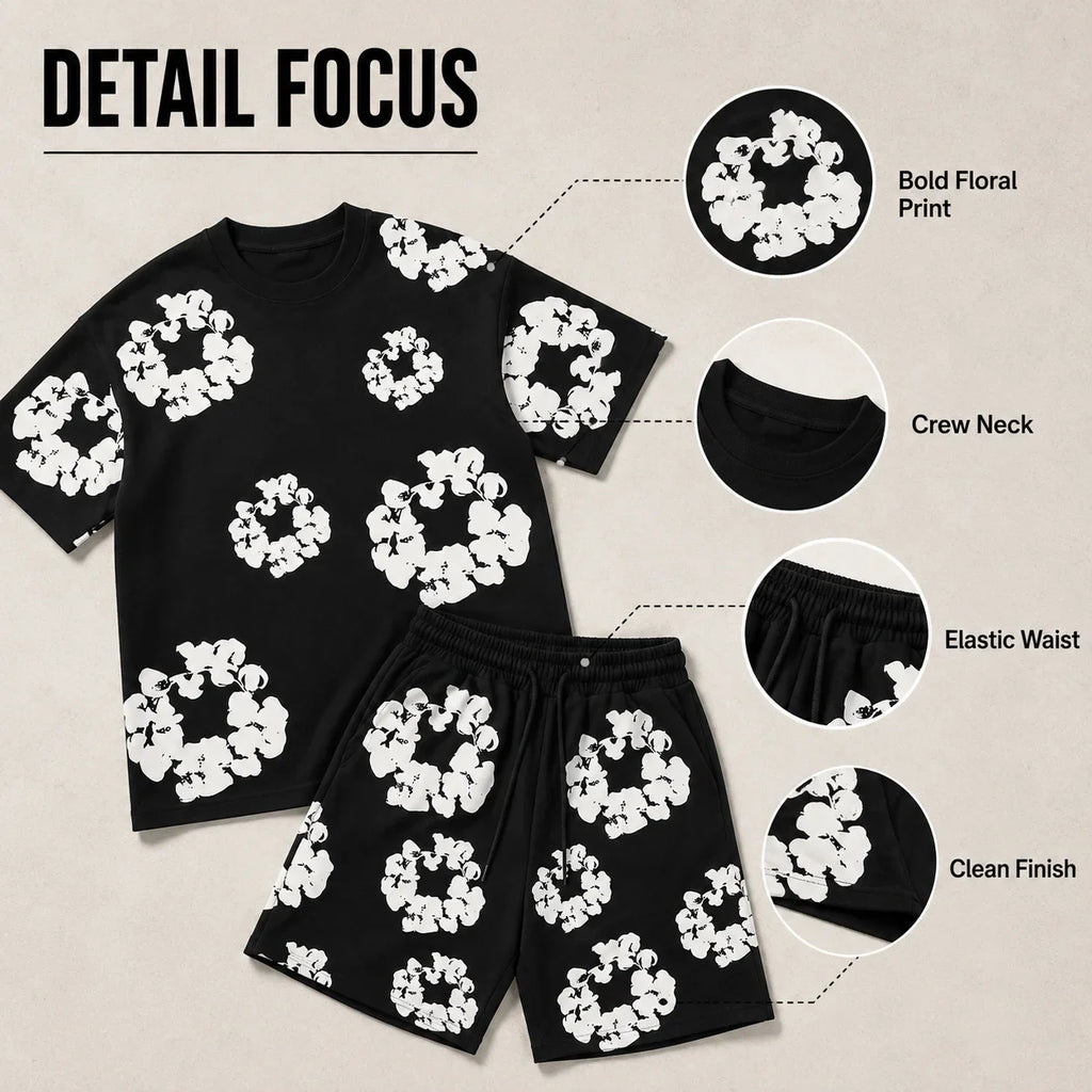 Floral Print T Shirt Shorts Set Oversized Graphic Tee Hip Hop Summer Casual Matching Outfit