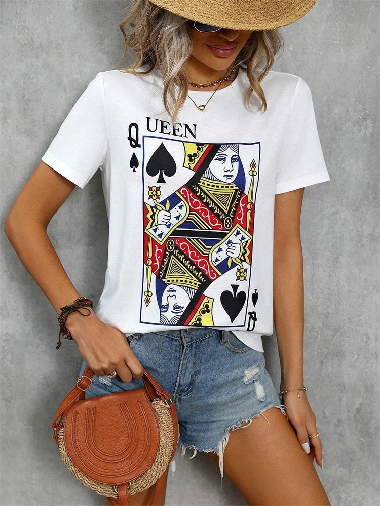 3D Poker Print Women's T-shirt Summer Daily Casual Women's Short-sleeved Top Urban Street Women Fashion Crew-neck Y2K Streetwear
