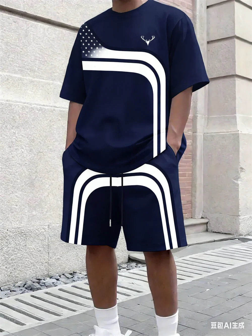 Men's Stripe Print Comfortable Breathable Round Neck T-shirt Shorts Set Outdoor High Street Clothing T-shirt Sets