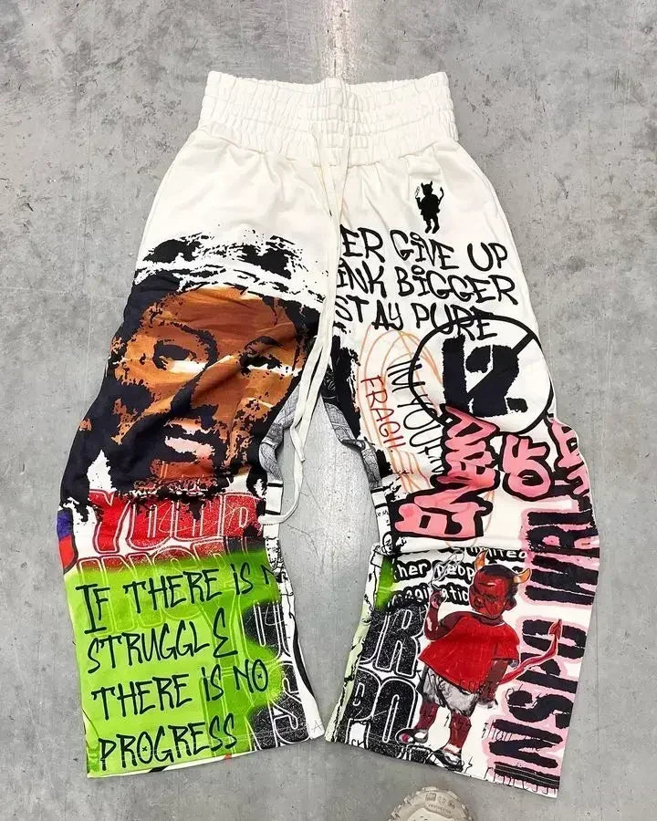 American Letter Patch Retro Double Layer Design Y2K Pants Baggy Sweatpants Men Hip Hop Gothic Elastic Waist Jogging Casual Pants