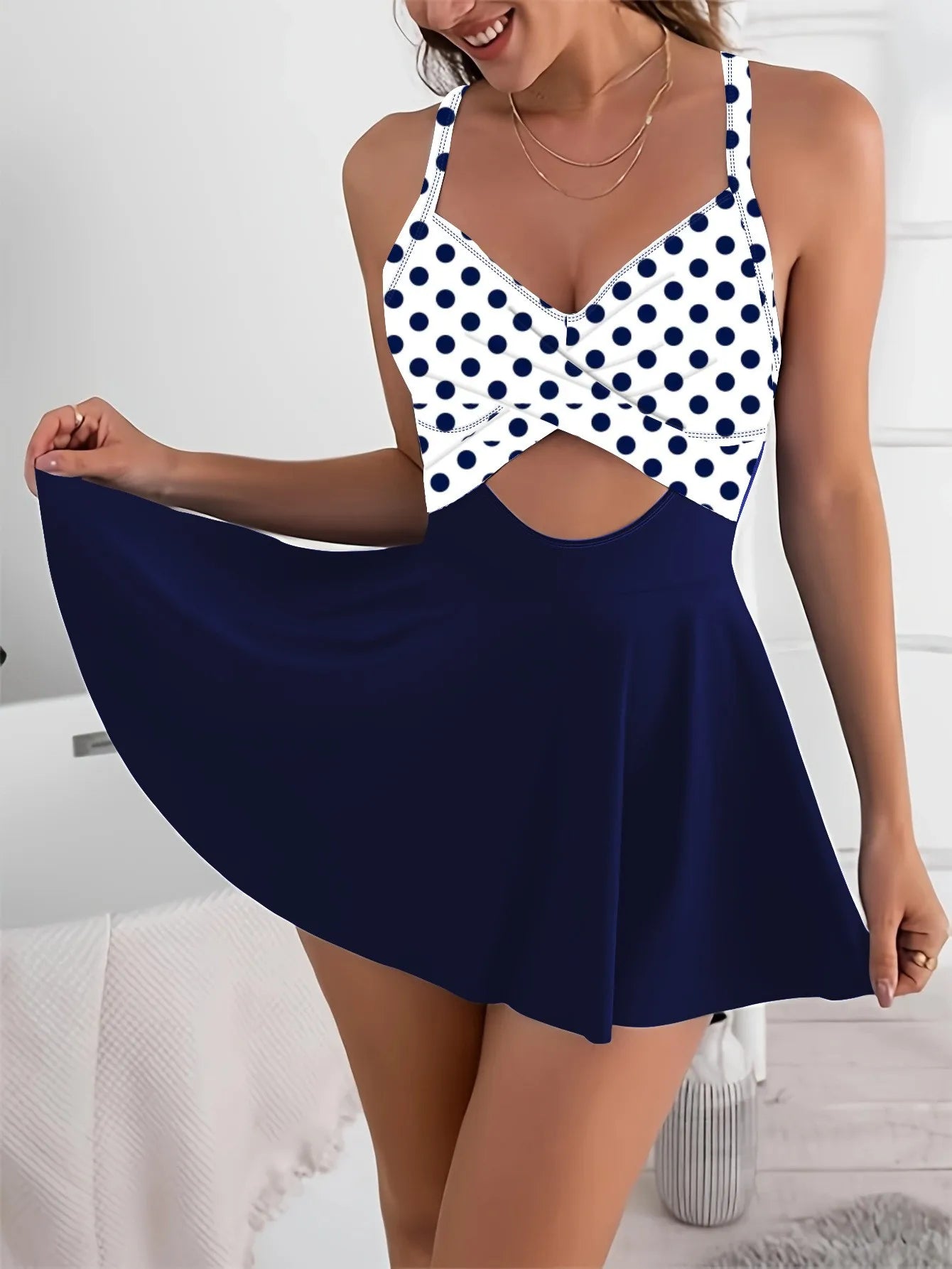 Swimsuit Woman Tankini Cross Front Tankini Top Adjustable Straps V Neckline High Waist Skirt Swim Tankini Set Modest Swimwear